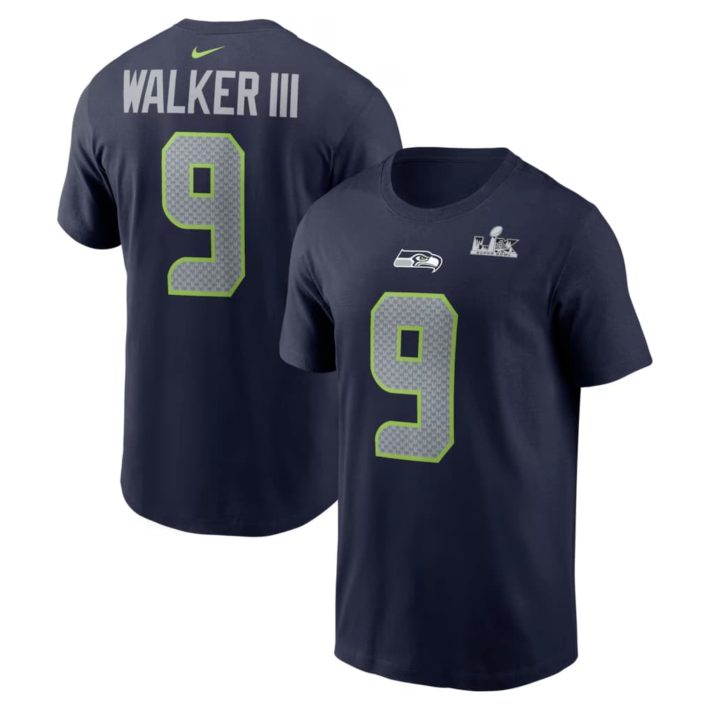 Kenneth Walker III Seattle Seahawks Nike Super Bowl LX Patch Name & Number T-Shirt - College Navy