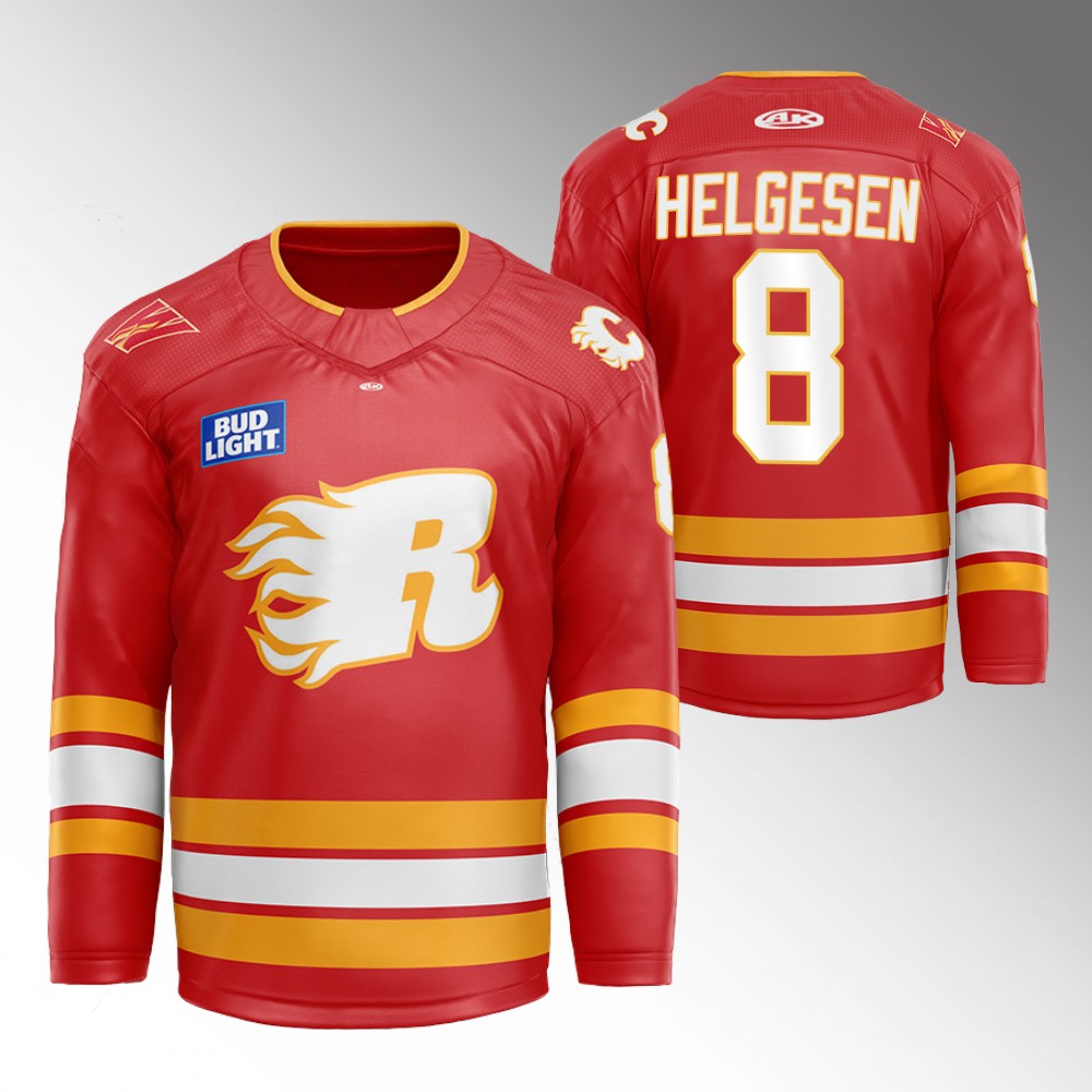 Kenton Helgesen Flames Flames X Rush X CGY Wranglers Jersey Red Warmup