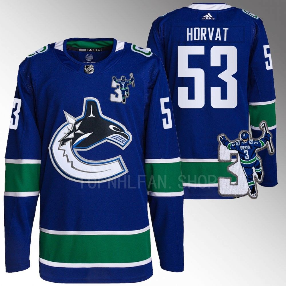 Kevin Bieska patch Vancouver Canucks Bo Horvat Blue Home Jersey men's