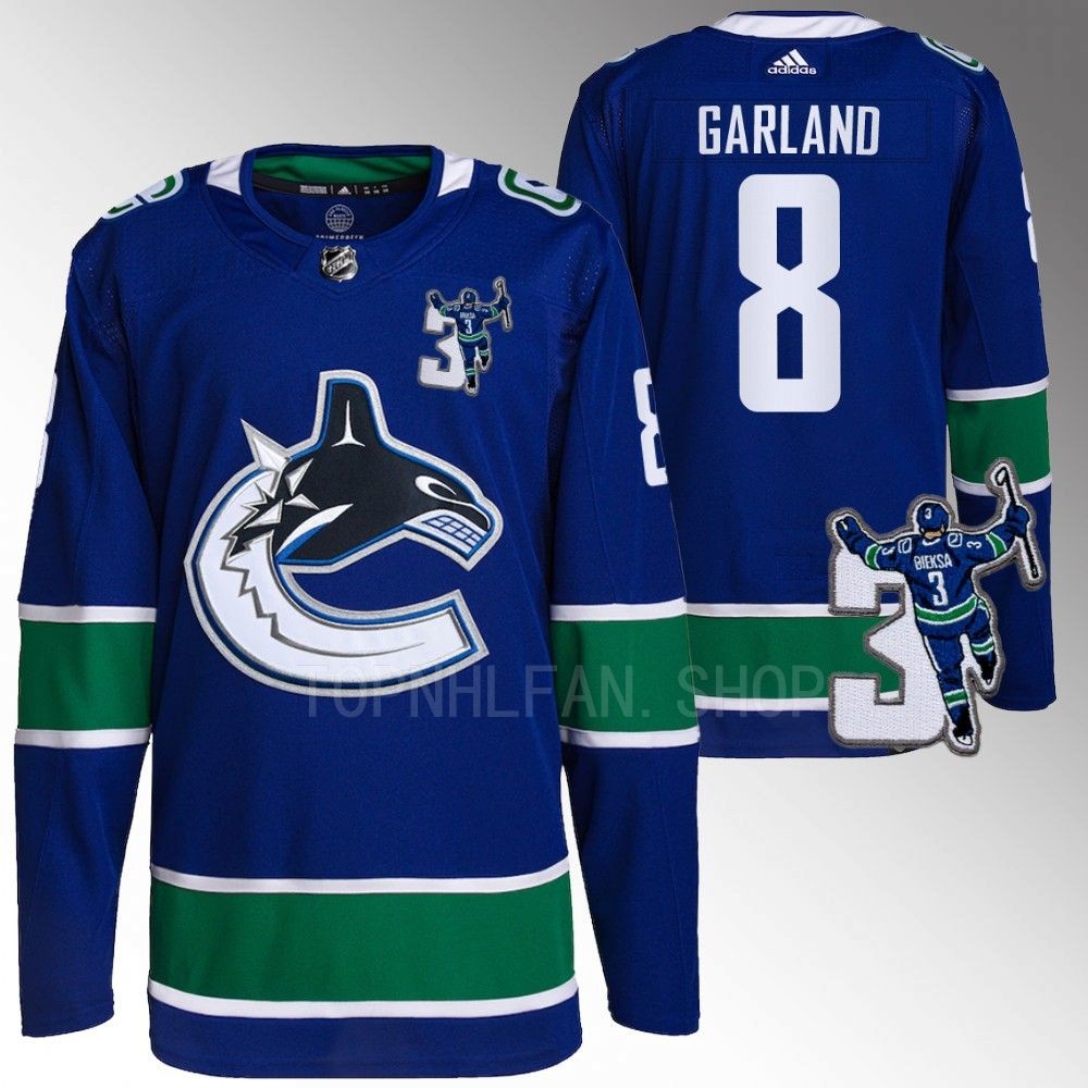 Kevin Bieska patch Vancouver Canucks Conor Garland Blue Home Jersey men's