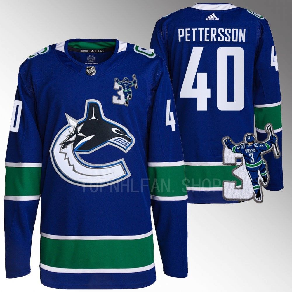 Kevin Bieska patch Vancouver Canucks Elias Pettersson Blue Home Jersey men's