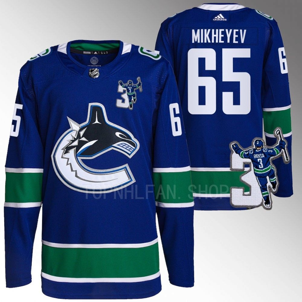 Kevin Bieska patch Vancouver Canucks Ilya Mikheyev Blue Home Jersey men's