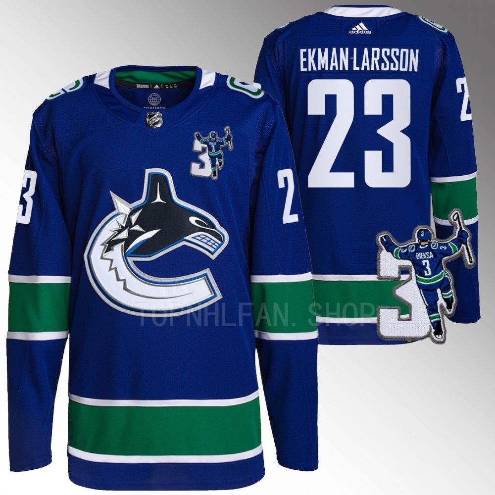 Kevin Bieska patch Vancouver Canucks Oliver Ekman-Larsson Blue Home Jersey men's