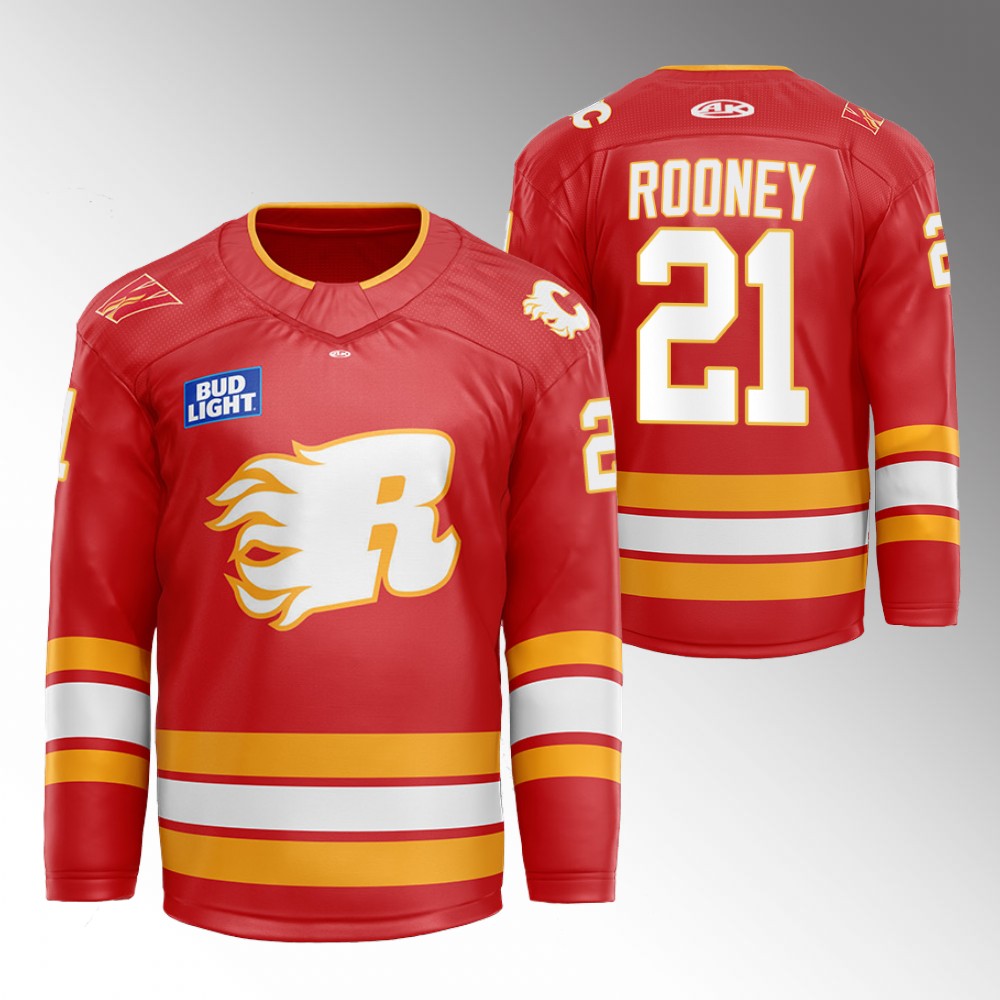 Kevin Rooney Flames Flames X Rush X CGY Wranglers Jersey Red Warmup