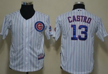 Kids Chicago Cubs 13 Starlin Castro White Blue Strip Baseball MLB Jerseys