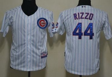 Kids Chicago Cubs 44 Anthony Rizzo White Blue Strip Baseball MLB Jerseys