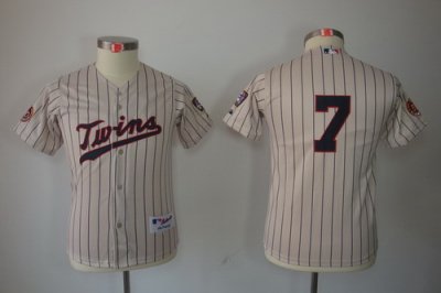 Kids MLB Jerseys Minnesota Twins 7 Mauer Cream Jerseys(blue strip)