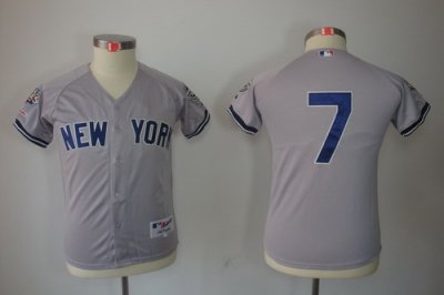 Kids New York Yankees 7 Mickey Mantle Grey Jerseys(2009 Logo WS 09 Champions Pat)