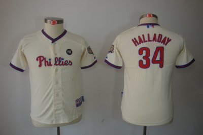 Kids Philadelphia Phillies Halladay 34# Jerseys Cream Jersey HK Patch
