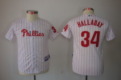 Kids Philadephia Phillis 34 Halladay White Jerseys(Red strip)