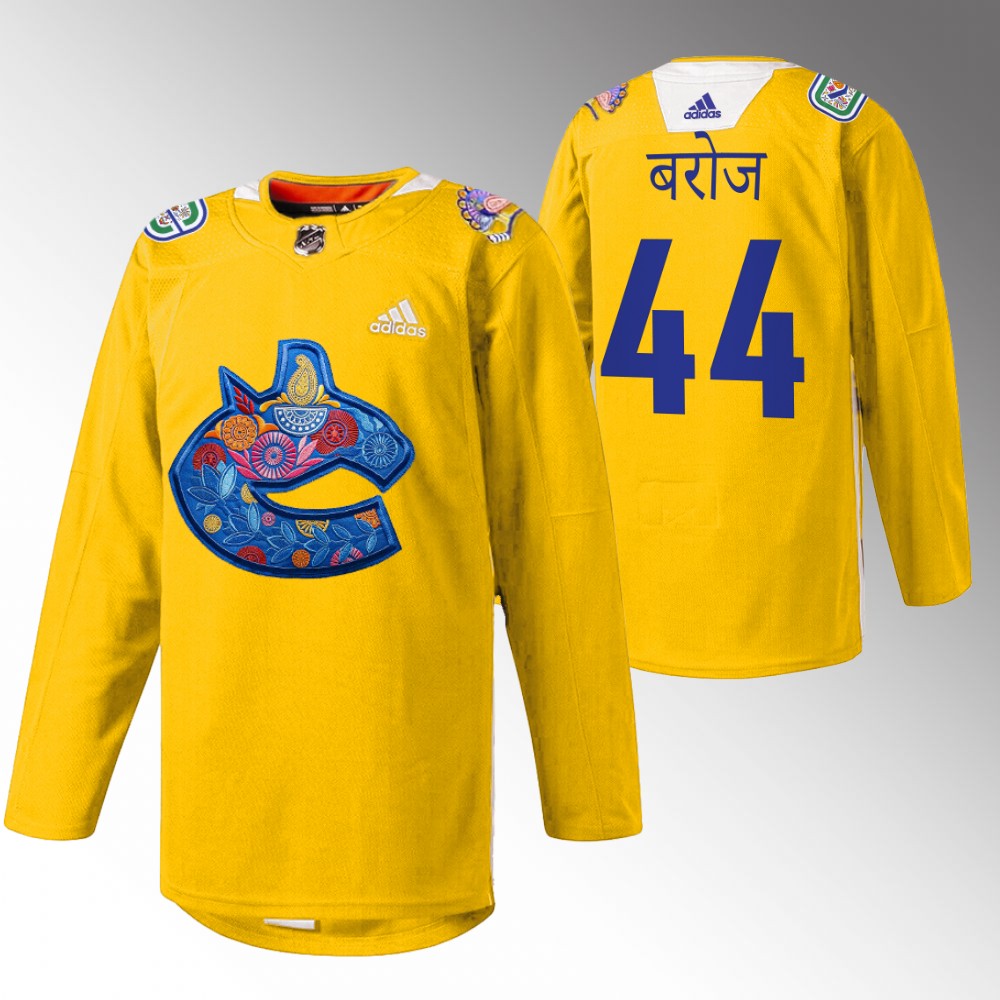 Kyle Burroughs Canucks Diwali Night Jersey Yellow Warmup