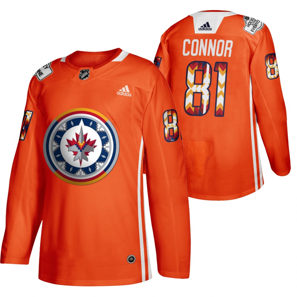 Kyle Connor Jets 2022 WASAC Night Jersey Orange Indigenous Warmup