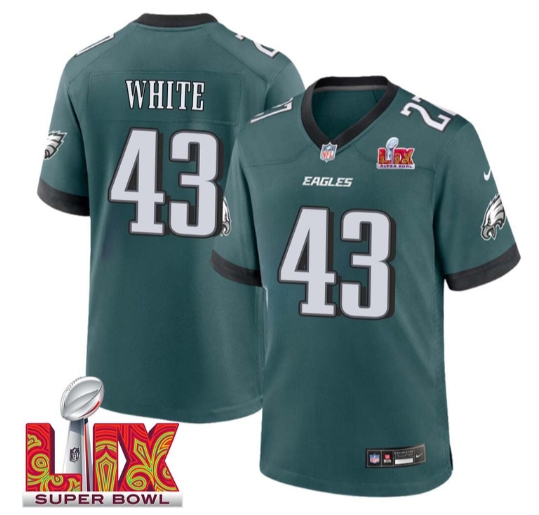 Kyzir White No 43 Men Super Bowl LIX Philadelphia Eagles Home Game 2025 Jersey- Replica