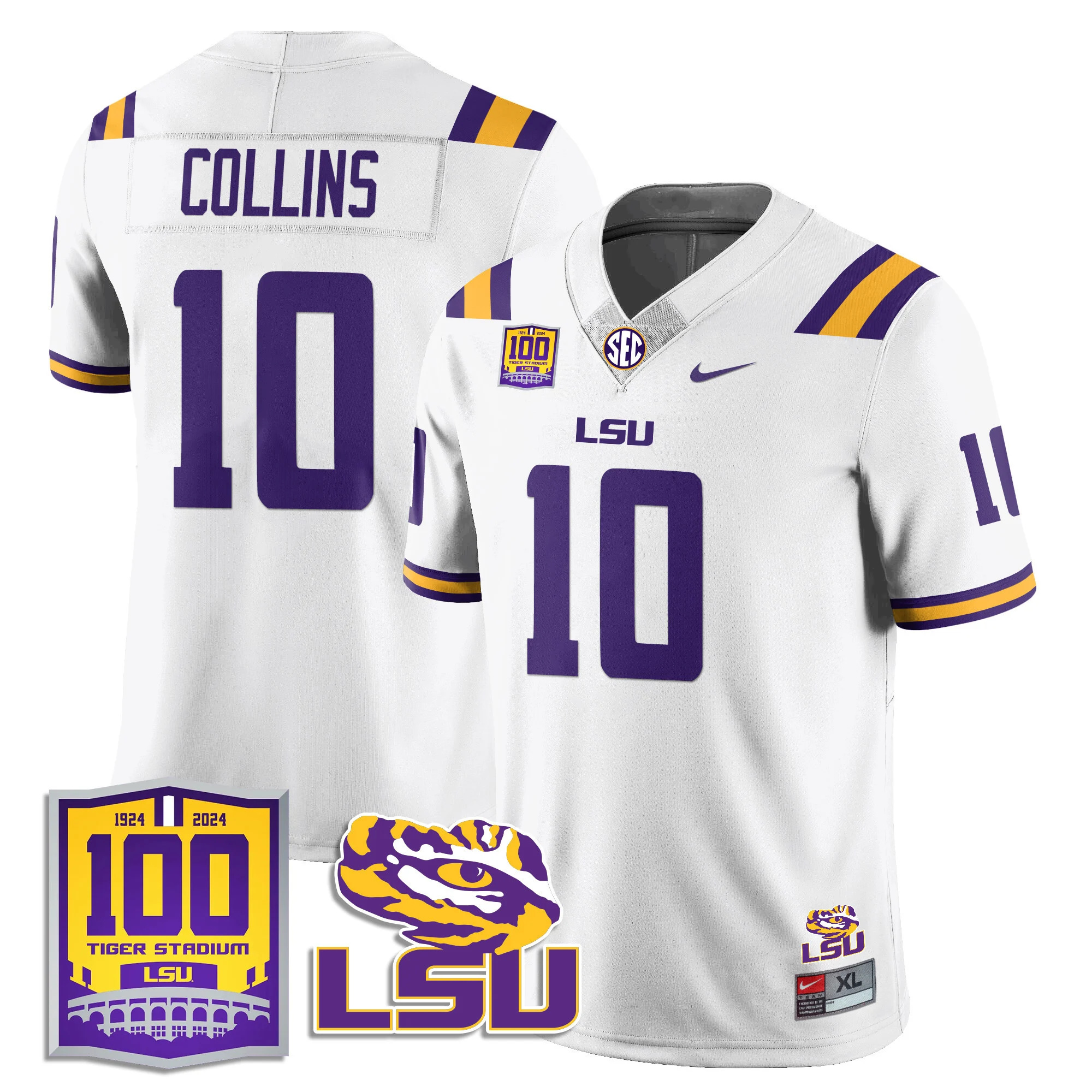 LSU Football 2024 Vapor Jersey - 100th Tigers Stadium - All Stitched   WHITE #10 RICKIE COLLINS