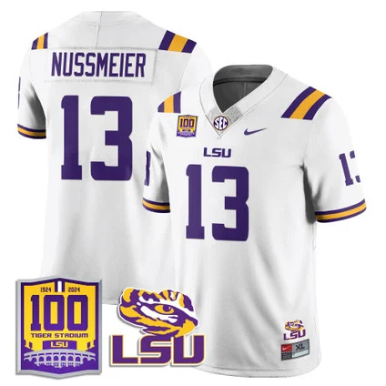 LSU Football 2024 Vapor Jersey - 100th Tigers Stadium - All Stitched   WHITE #13 GARRETT NUSSMEIER