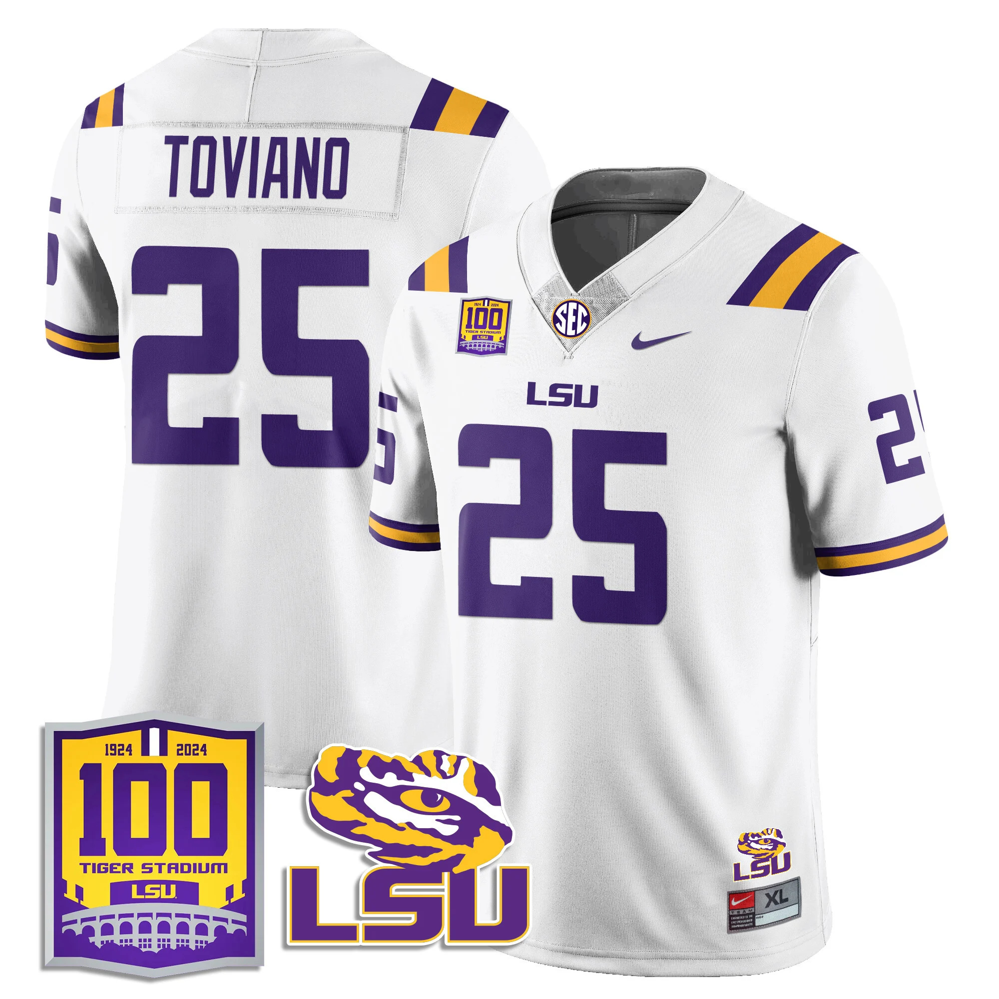 LSU Football 2024 Vapor Jersey - 100th Tigers Stadium - All Stitched   WHITE #25 JAVIEN TOVIANO