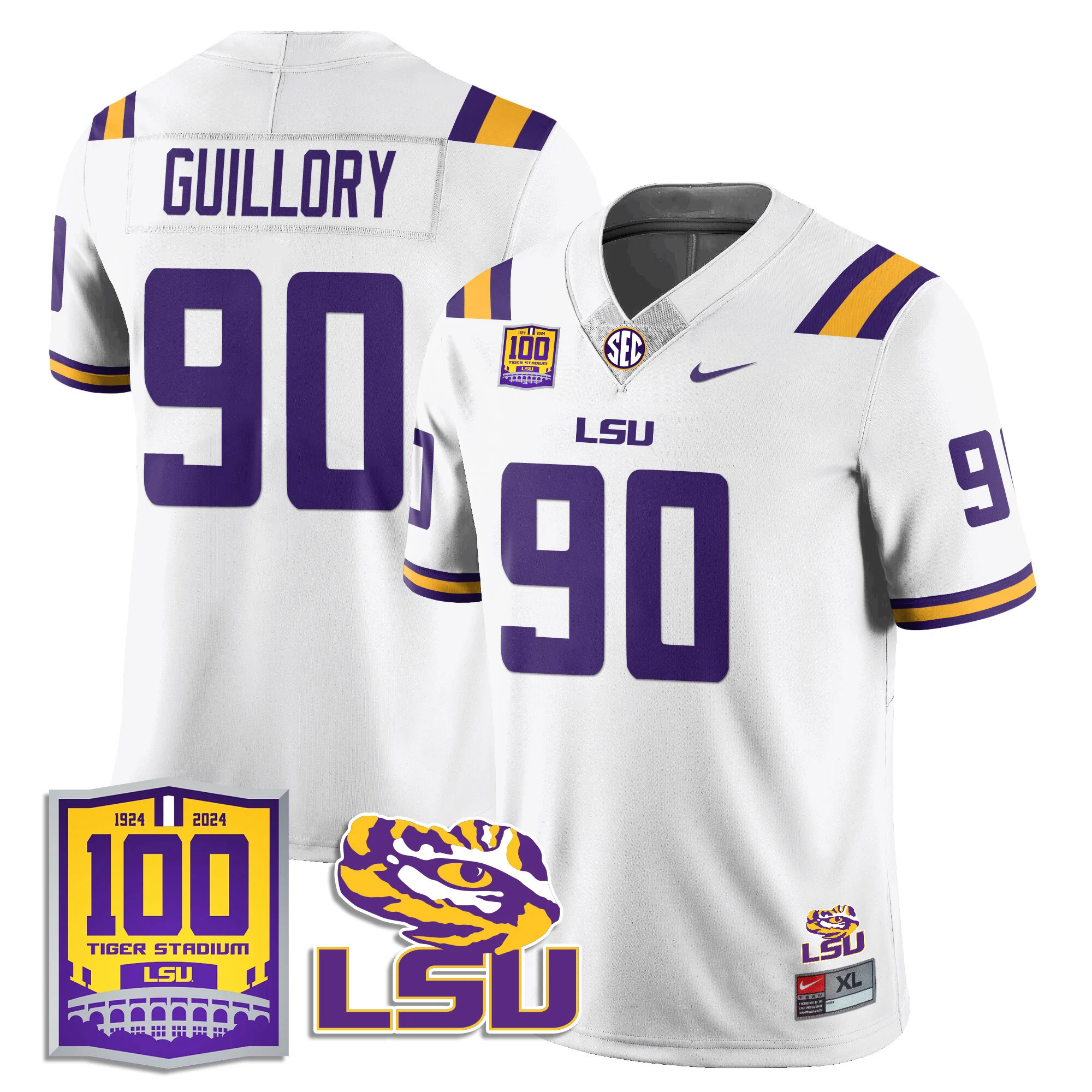 LSU Football 2024 Vapor Jersey - 100th Tigers Stadium - All Stitched   WHITE #90 JACOBIAN GUILLORY
