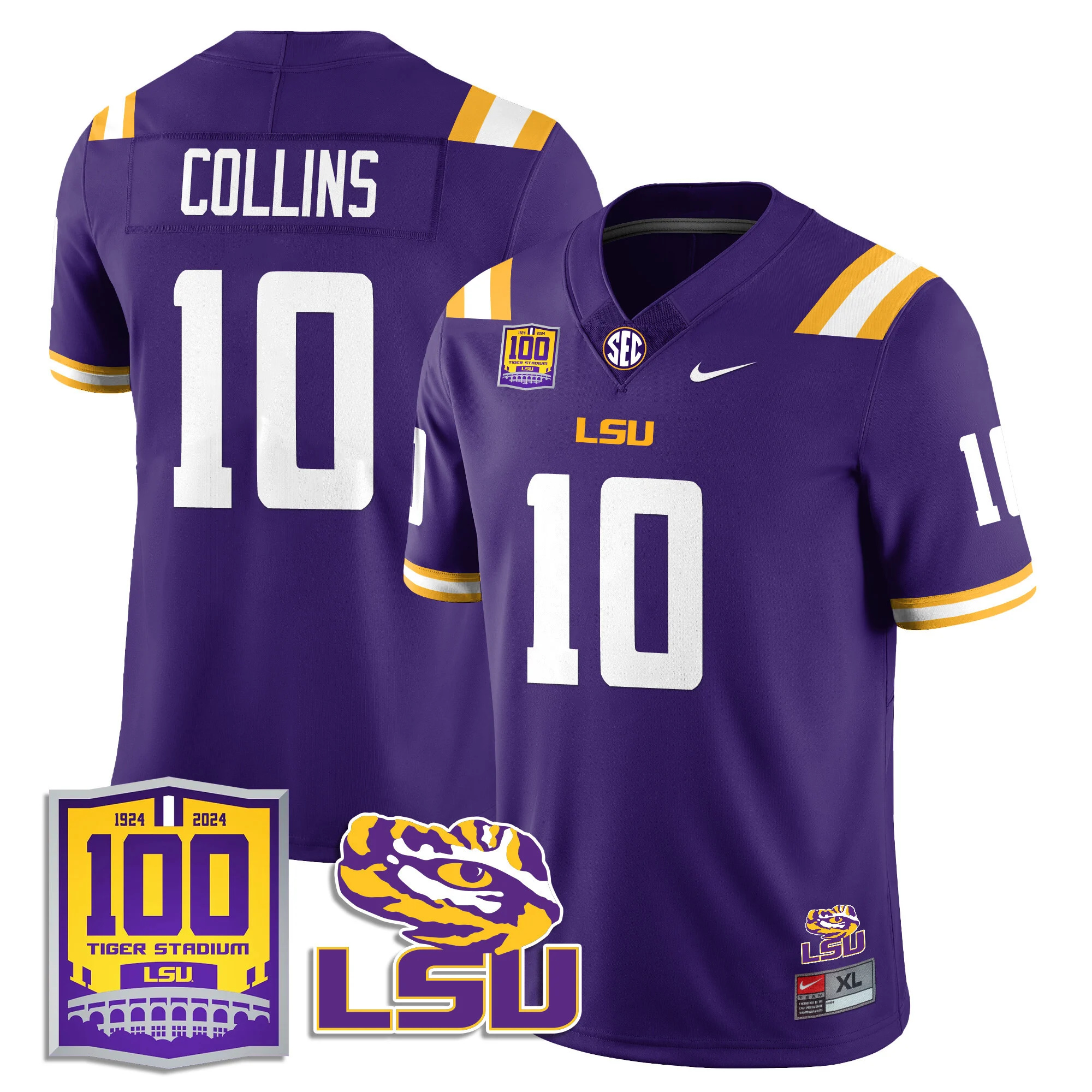 LSU Football 2024 Vapor Jersey - 100th Tigers Stadium - All Stitched #10 RICKIE COLLINS