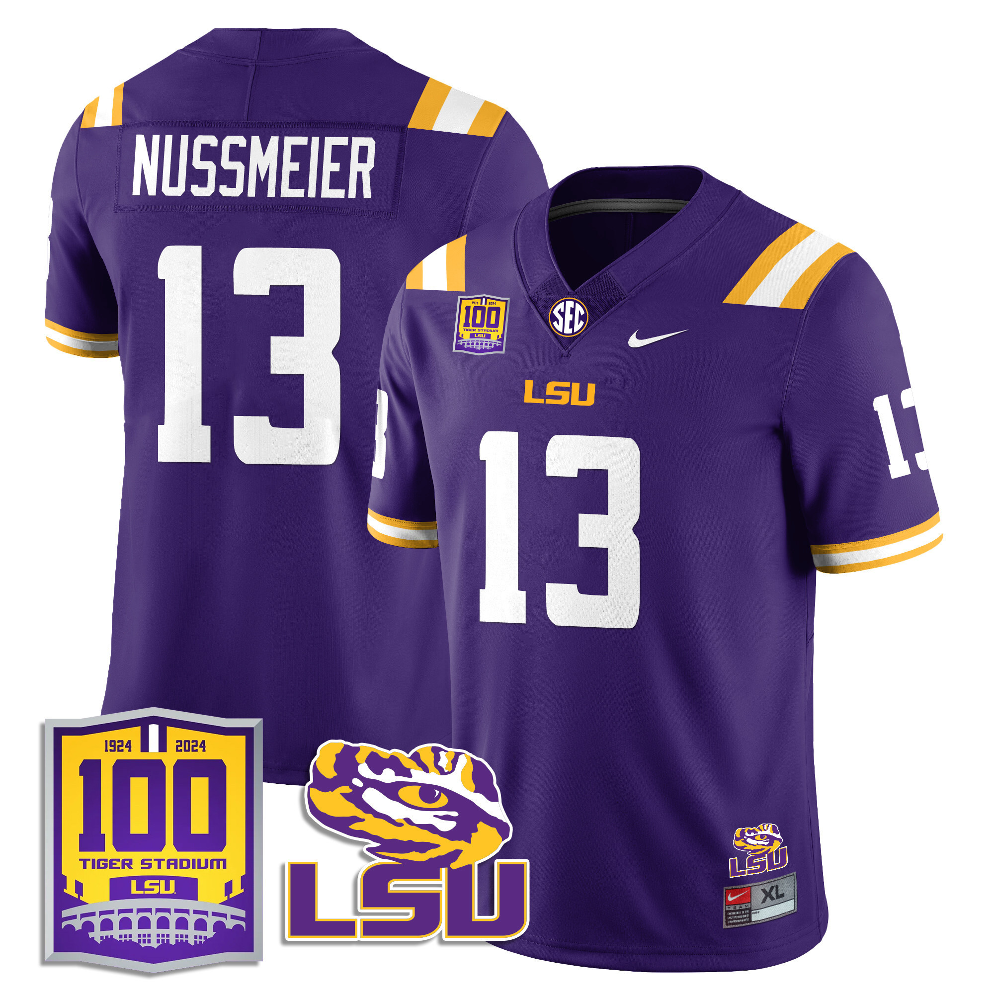 LSU Football 2024 Vapor Jersey - 100th Tigers Stadium - All Stitched #13 GARRETT NUSSMEIER