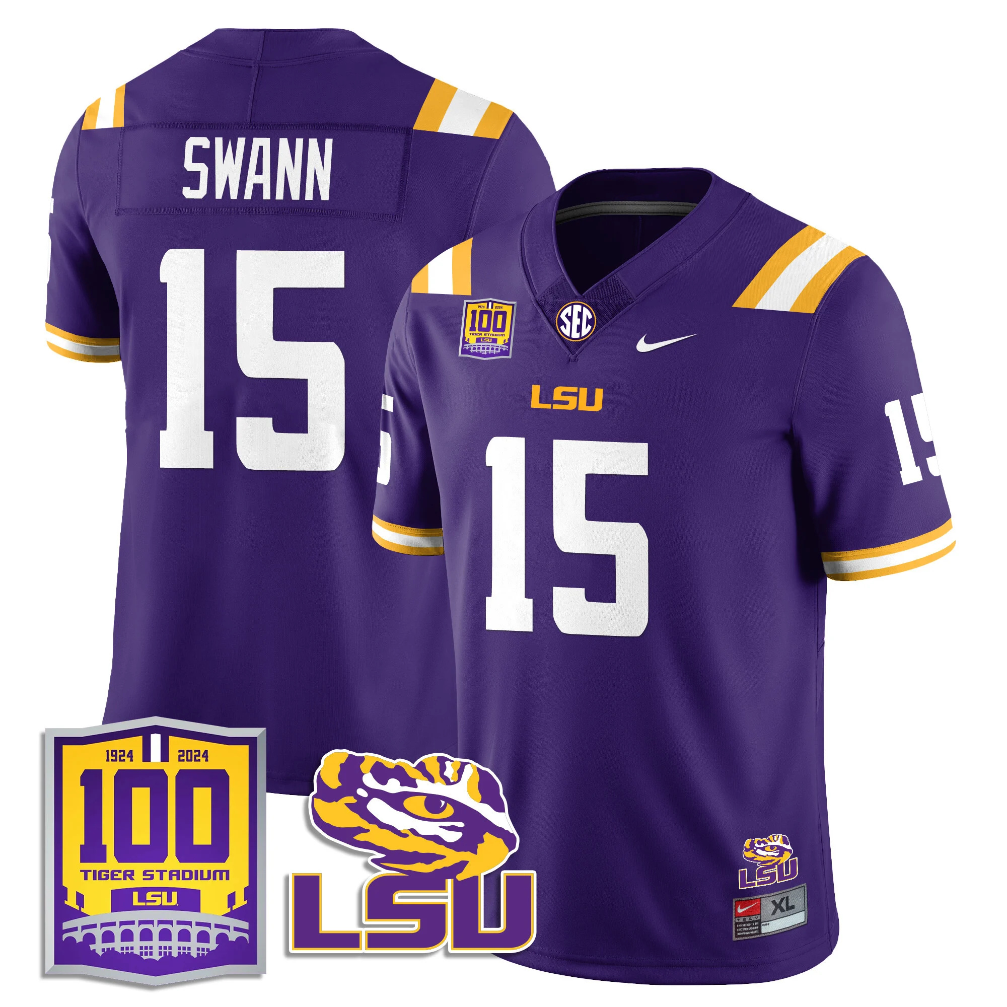 LSU Football 2024 Vapor Jersey - 100th Tigers Stadium - All Stitched #15 AJ SWANN
