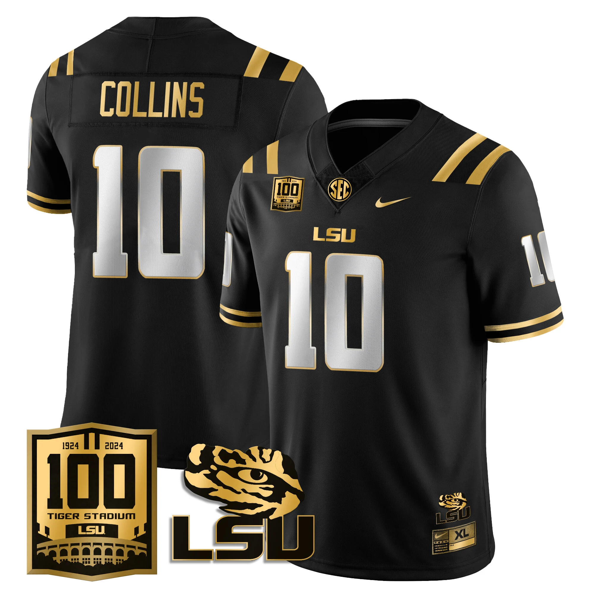LSU Football 2024 Vapor Jersey - 100th Tigers Stadium - All Stitched  Blank  BLACK GOLD #10 RICKIE COLLINS