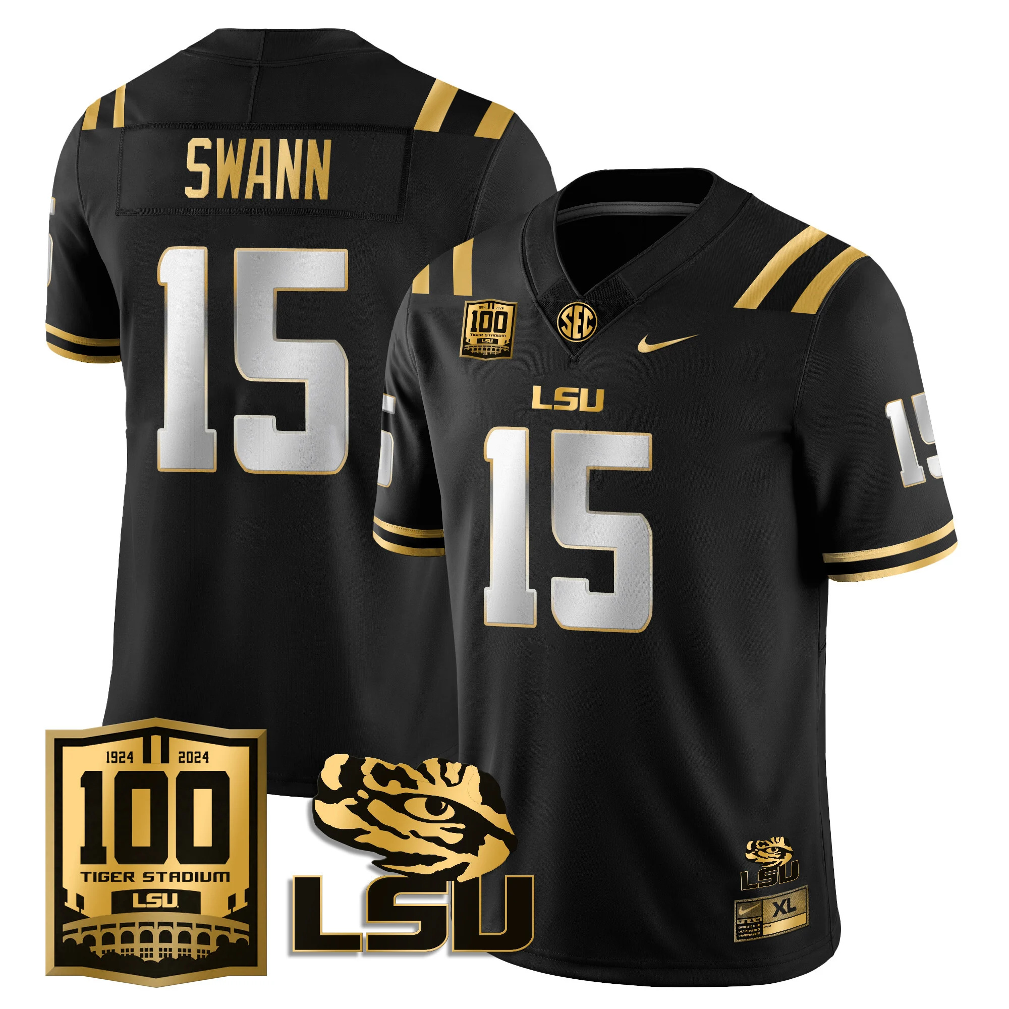 LSU Football 2024 Vapor Jersey - 100th Tigers Stadium - All Stitched  Blank  BLACK GOLD #15 AJ SWANN