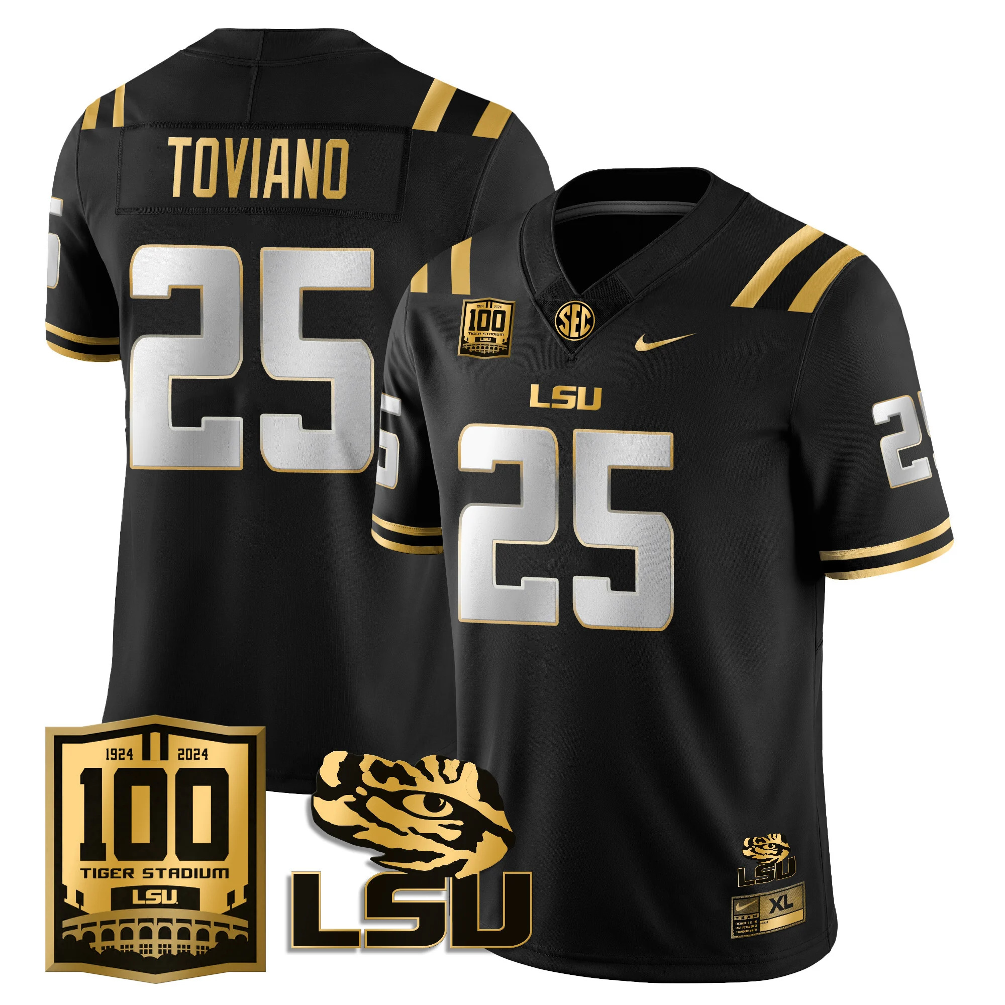 LSU Football 2024 Vapor Jersey - 100th Tigers Stadium - All Stitched  Blank  BLACK GOLD #25 JAVIEN TOVIANO