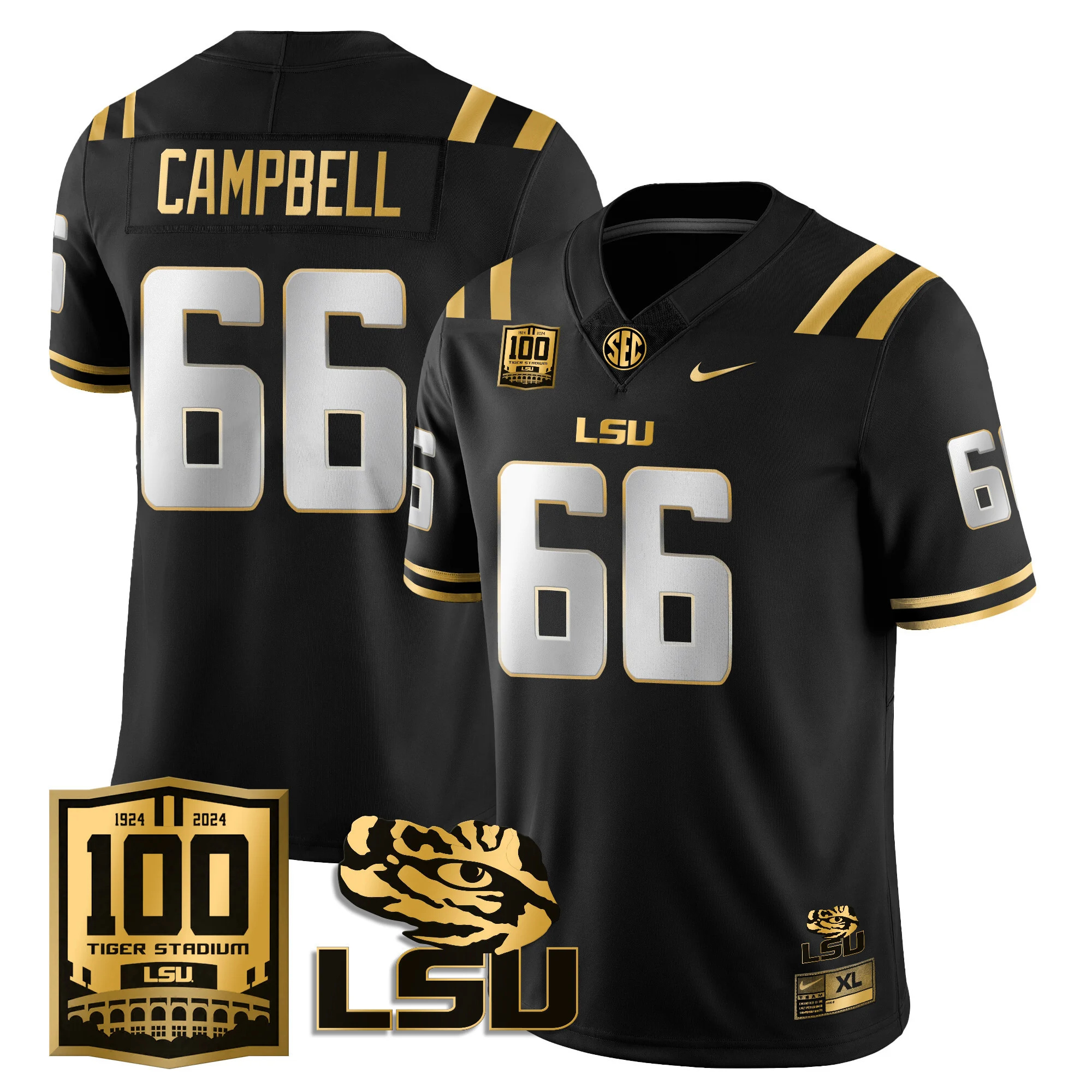 LSU Football 2024 Vapor Jersey - 100th Tigers Stadium - All Stitched  Blank  BLACK GOLD #66 WILL CAMPBELL
