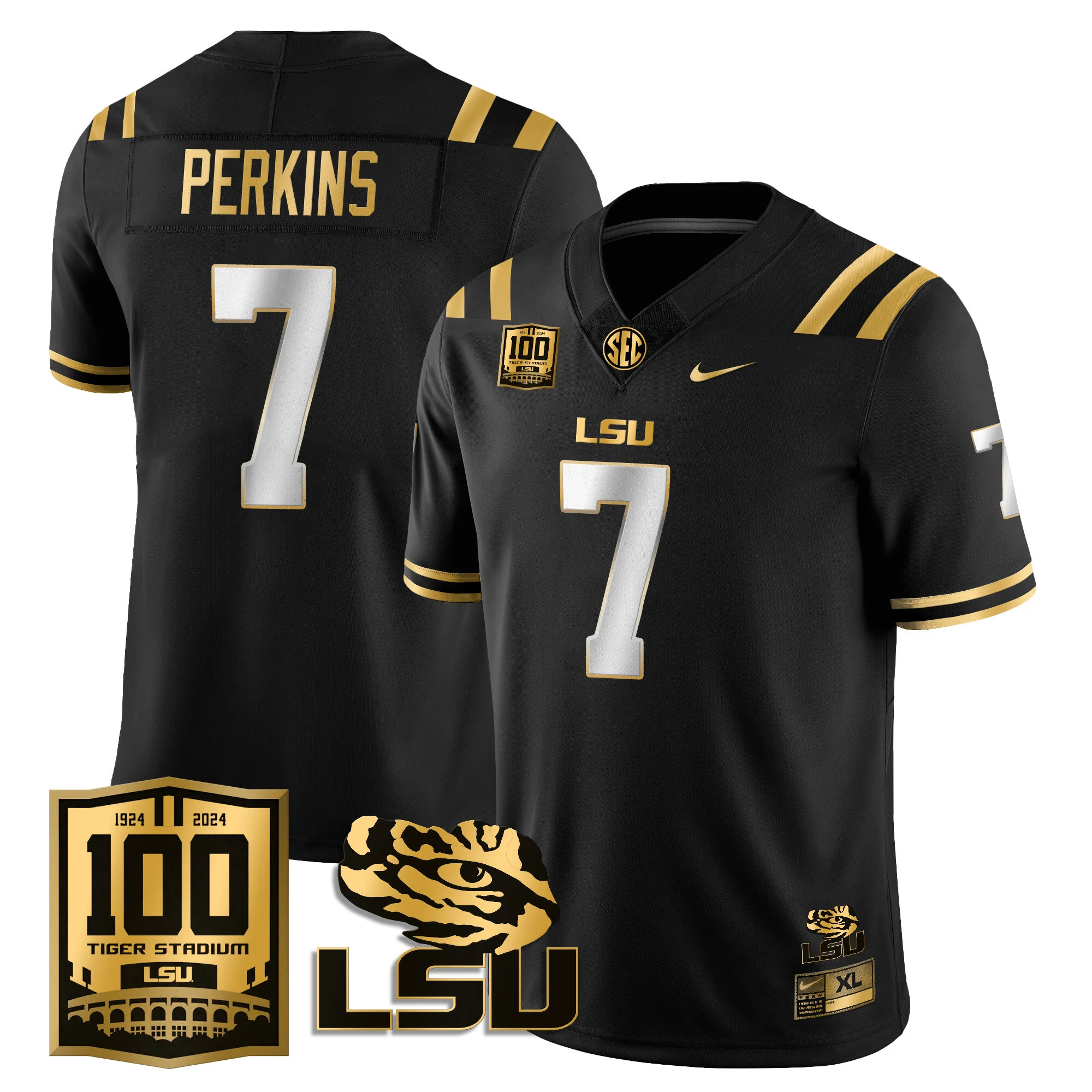 LSU Football 2024 Vapor Jersey - 100th Tigers Stadium - All Stitched  Blank  BLACK GOLD #7 HAROLD PERKINS