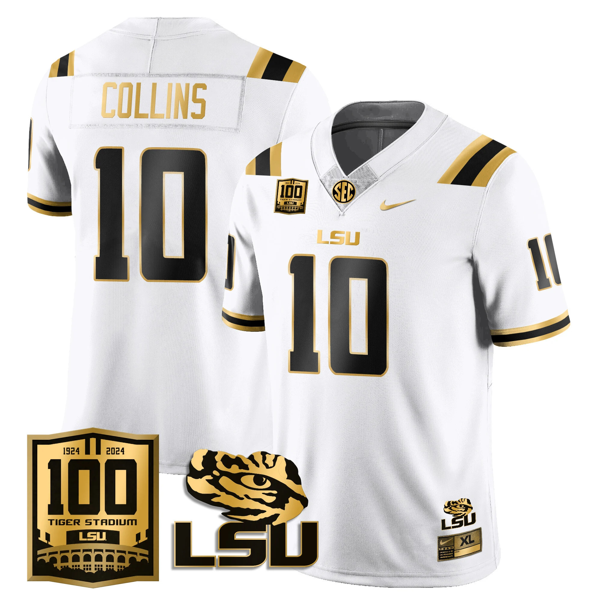 LSU Football 2024 Vapor Jersey - 100th Tigers Stadium - All Stitched  WHITE GOLD #10 RICKIE COLLINS