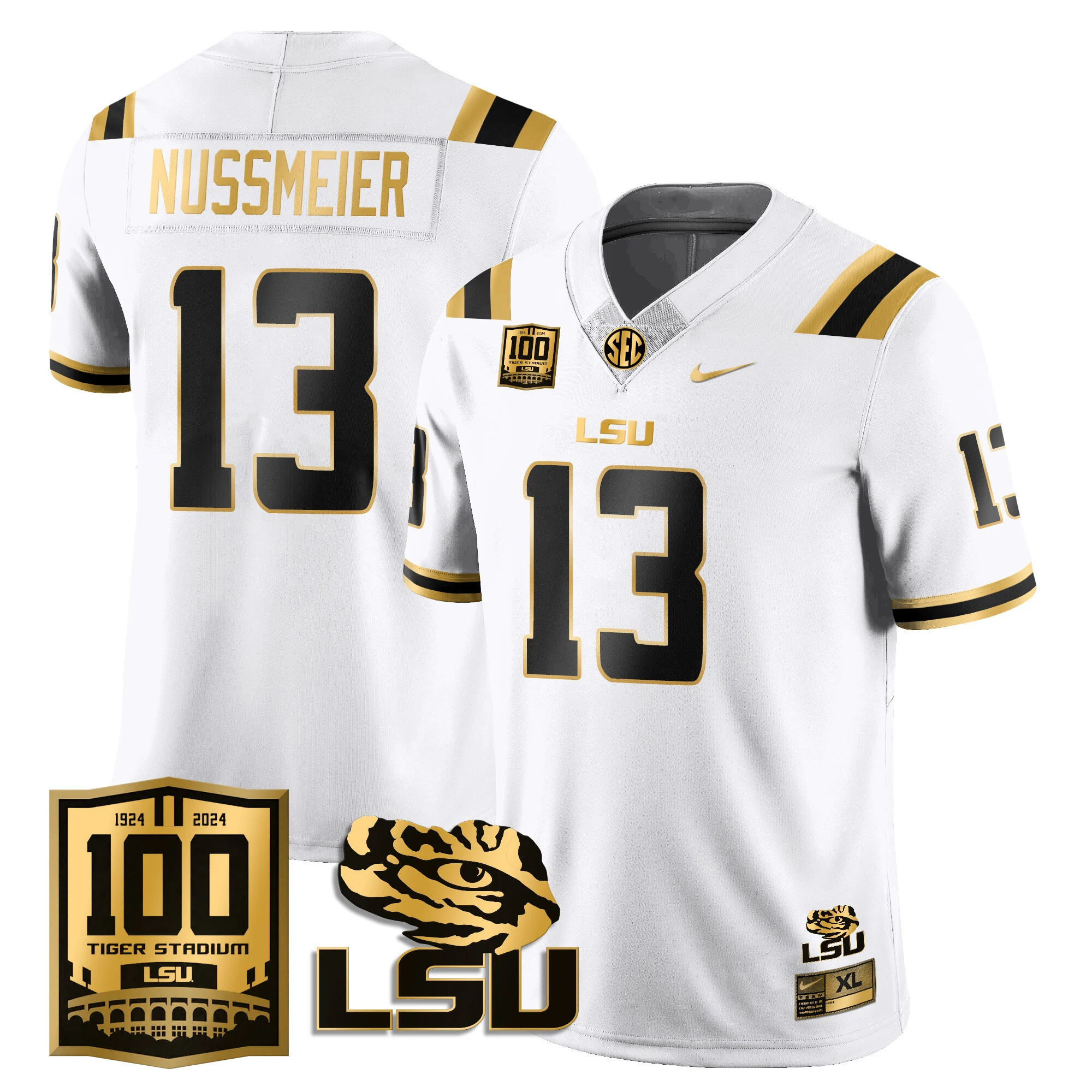 LSU Football 2024 Vapor Jersey - 100th Tigers Stadium - All Stitched  WHITE GOLD #13 GARRETT NUSSMEIER