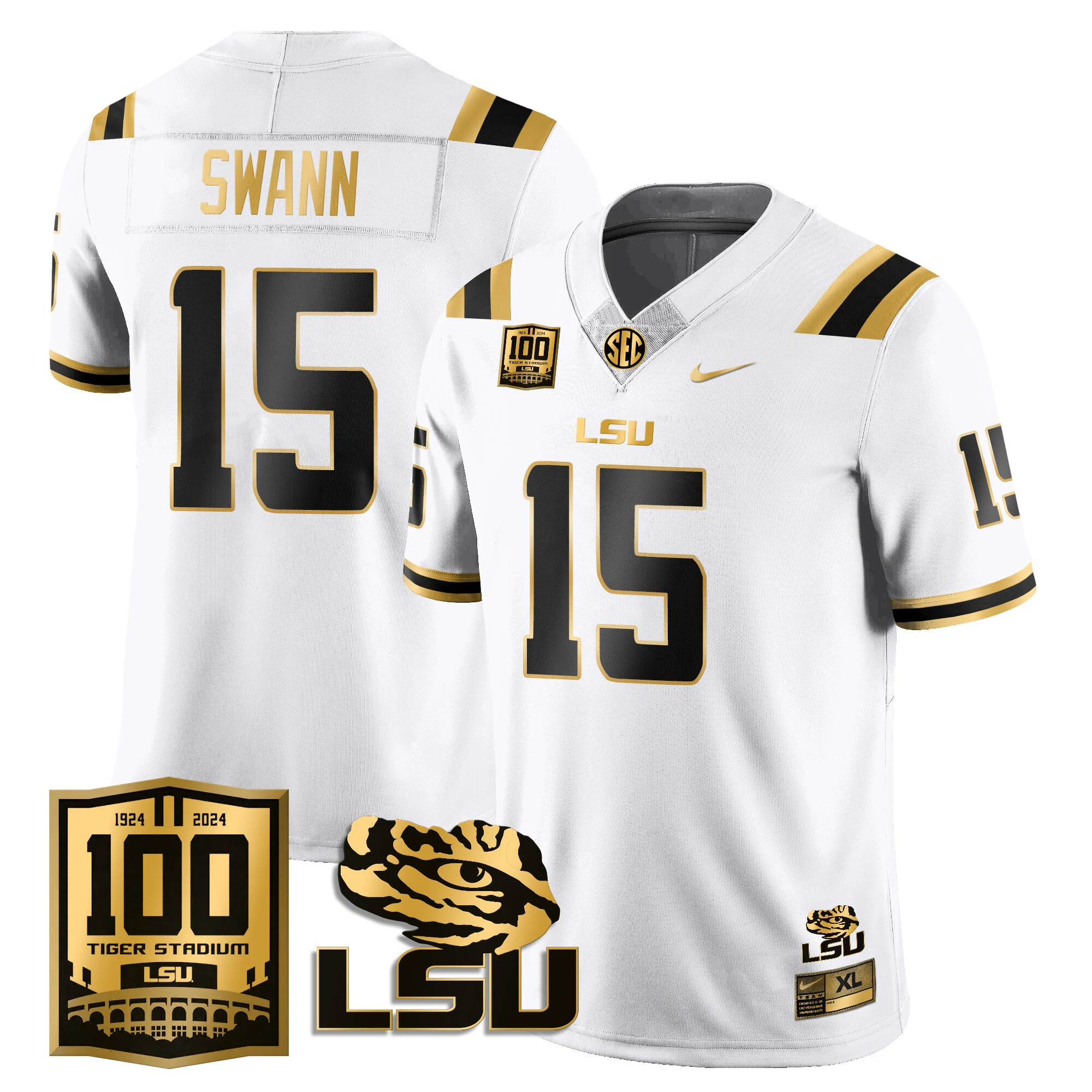 LSU Football 2024 Vapor Jersey - 100th Tigers Stadium - All Stitched  WHITE GOLD #15 AJ SWANN