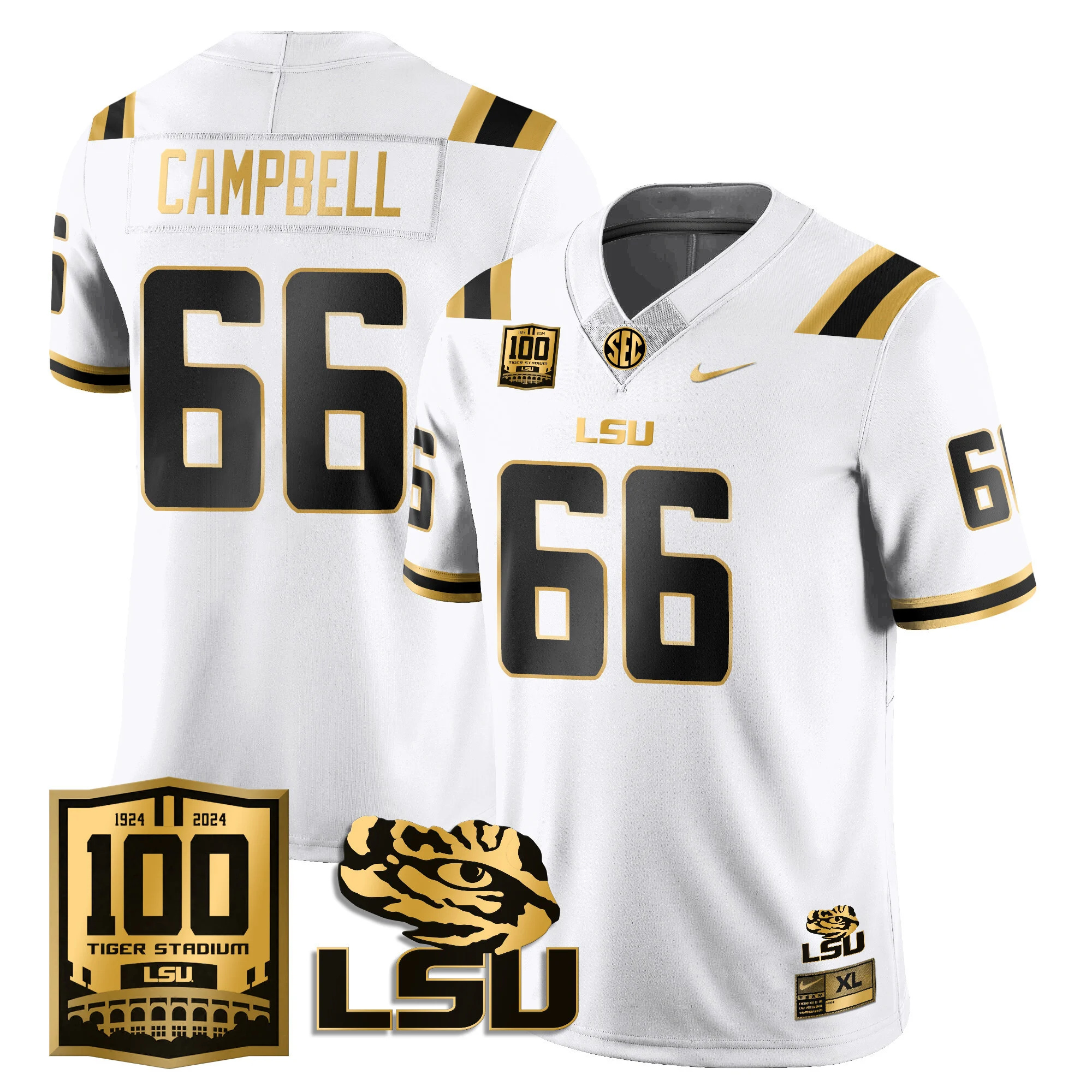 LSU Football 2024 Vapor Jersey - 100th Tigers Stadium - All Stitched  WHITE GOLD #66 WILL CAMPBELL