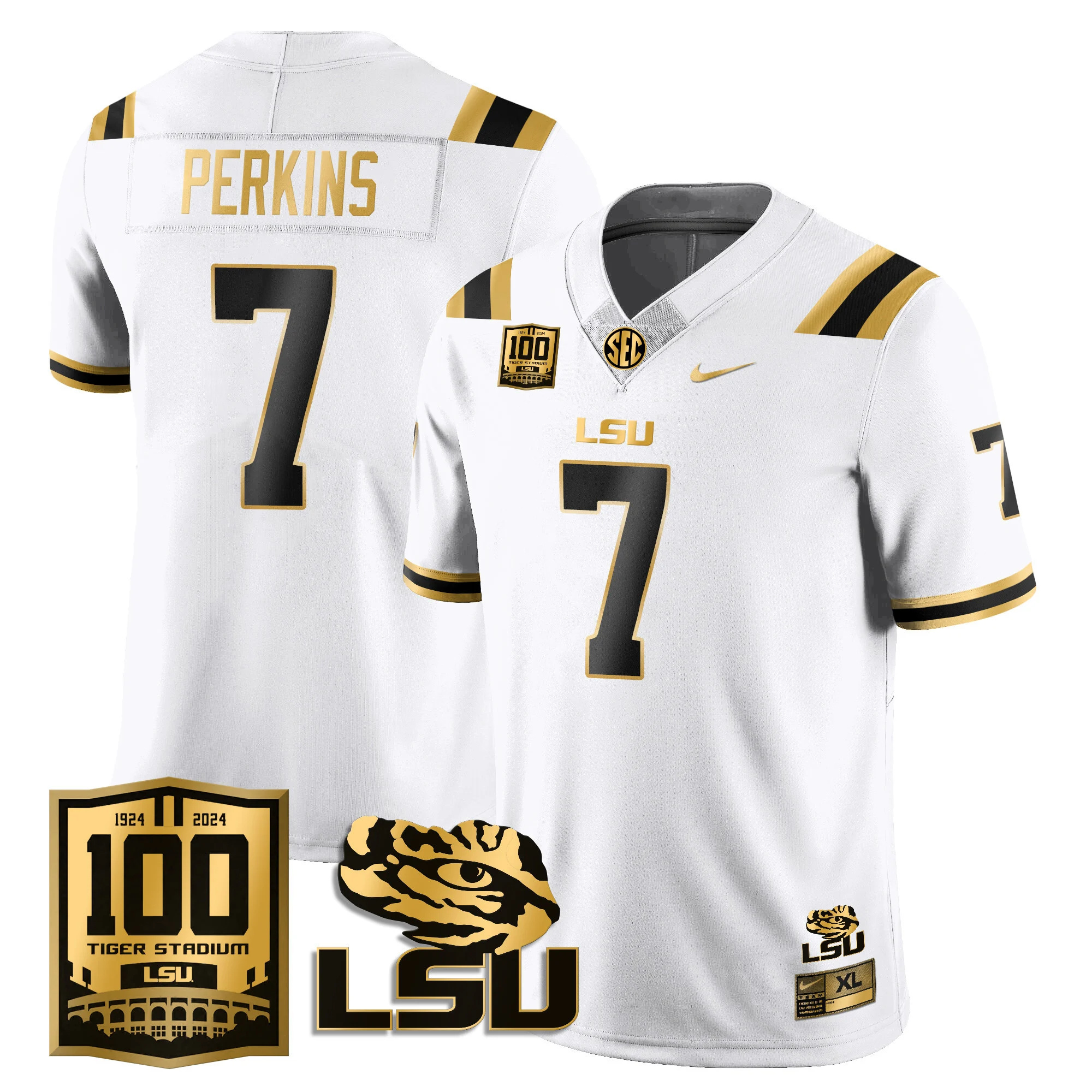 LSU Football 2024 Vapor Jersey - 100th Tigers Stadium - All Stitched  WHITE GOLD #7 HAROLD PERKINS