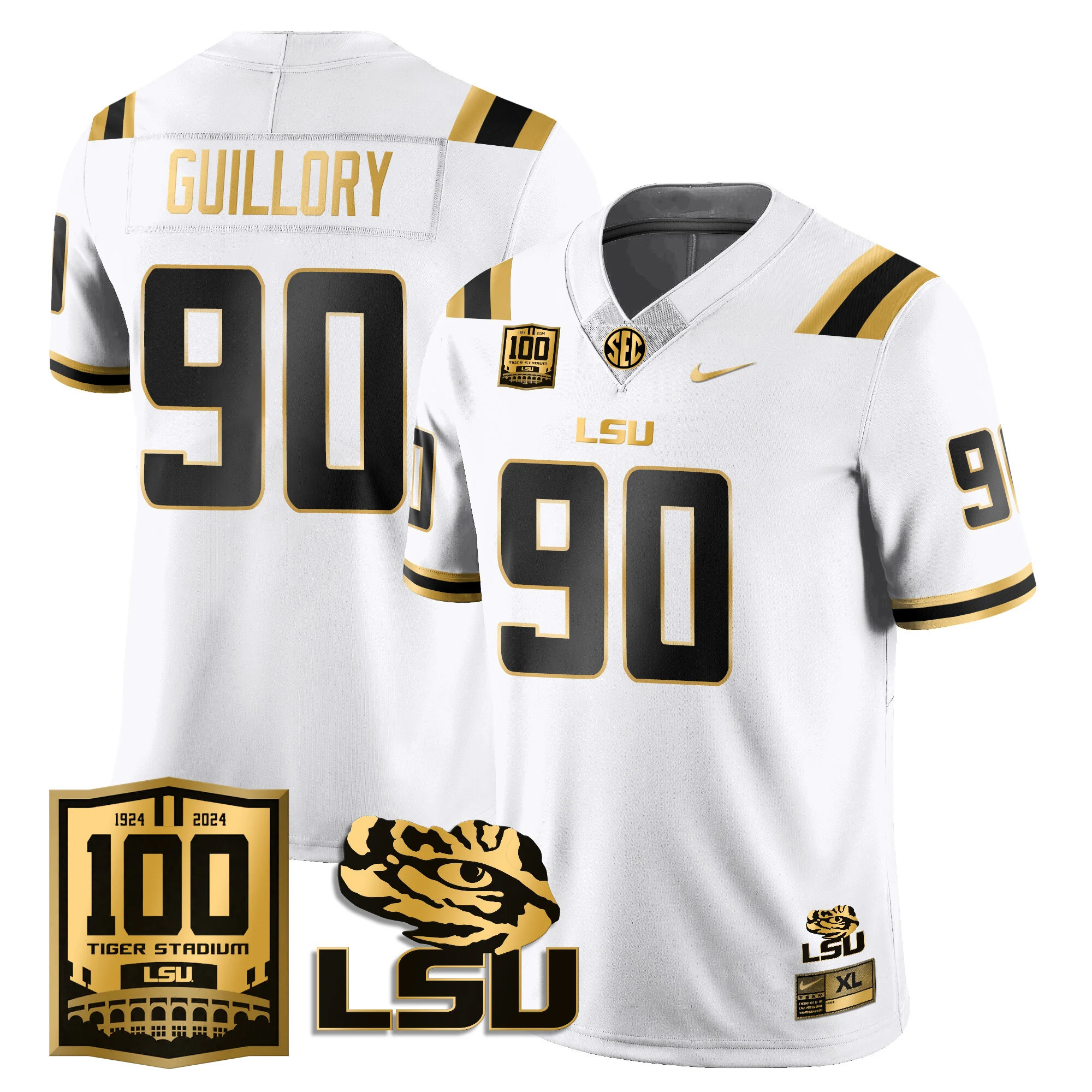 LSU Football 2024 Vapor Jersey - 100th Tigers Stadium - All Stitched  WHITE GOLD #90 JACOBIAN GUILLORY