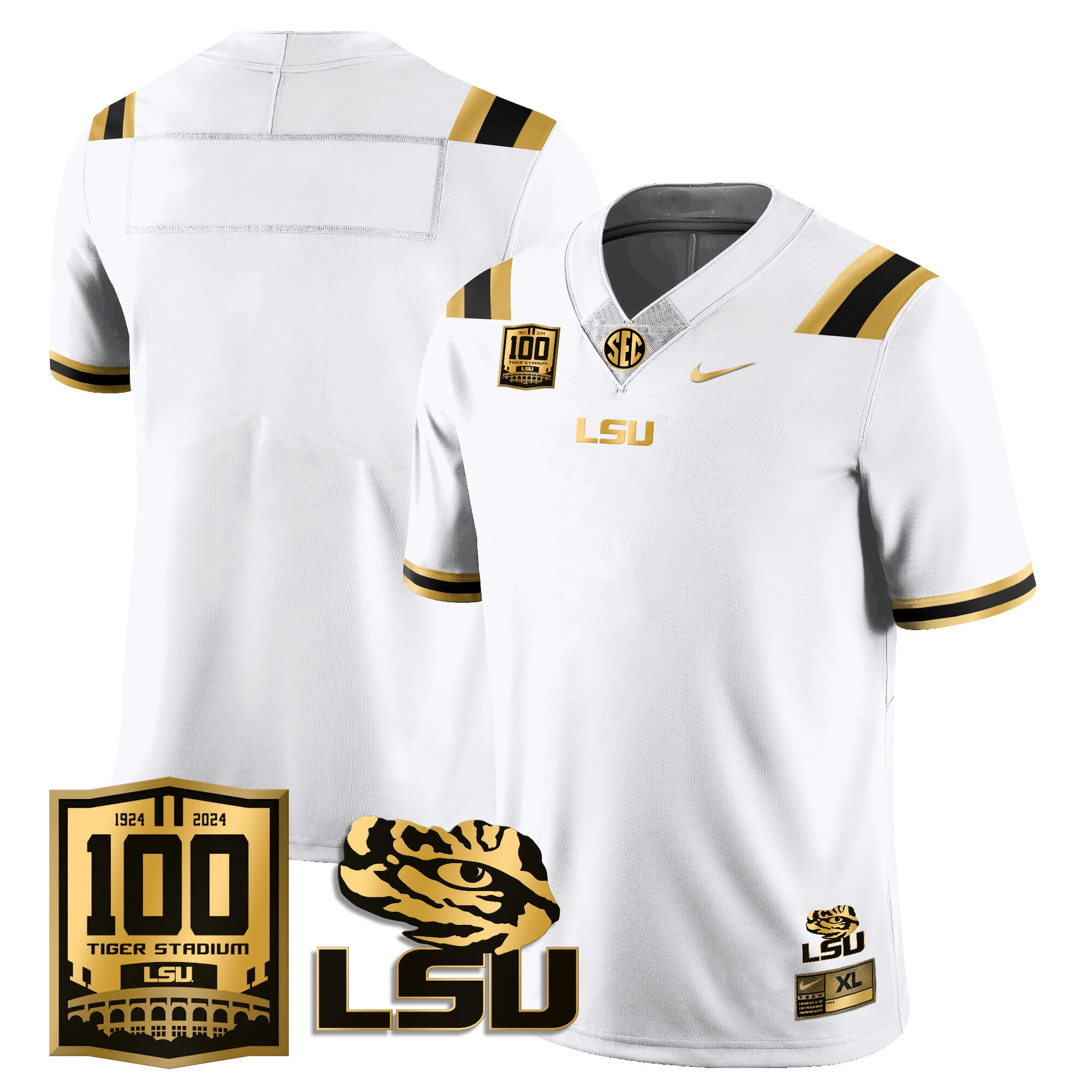 LSU Football 2024 Vapor Jersey - 100th Tigers Stadium - All Stitched  WHITE GOLD Blank