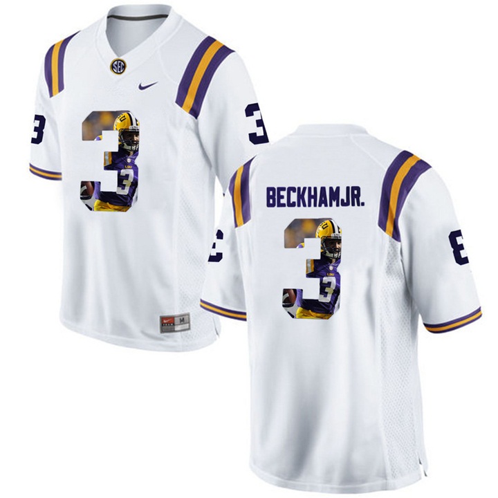 LSU Tigers Odell Beckham Jr White Printing Player Portrait Football Jersey