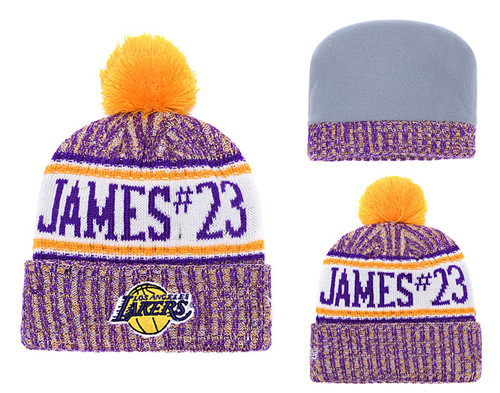 Lakers Fesh Logo Yellow Purple Pom Knit Hat YD