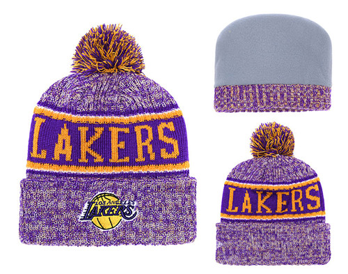 Lakers Team Logo Purple Pom Knit Hat YD