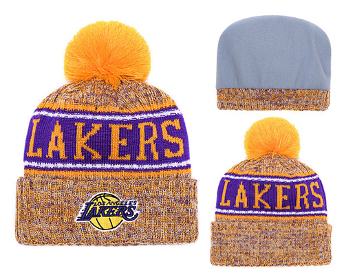 Lakers Team Logo Yellow Pom Knit Hat YD