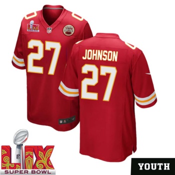 Larry Johnson No 27 Youth Super Bowl LIX Kansas City Chiefs Home Game 2025 Jersey- Replica