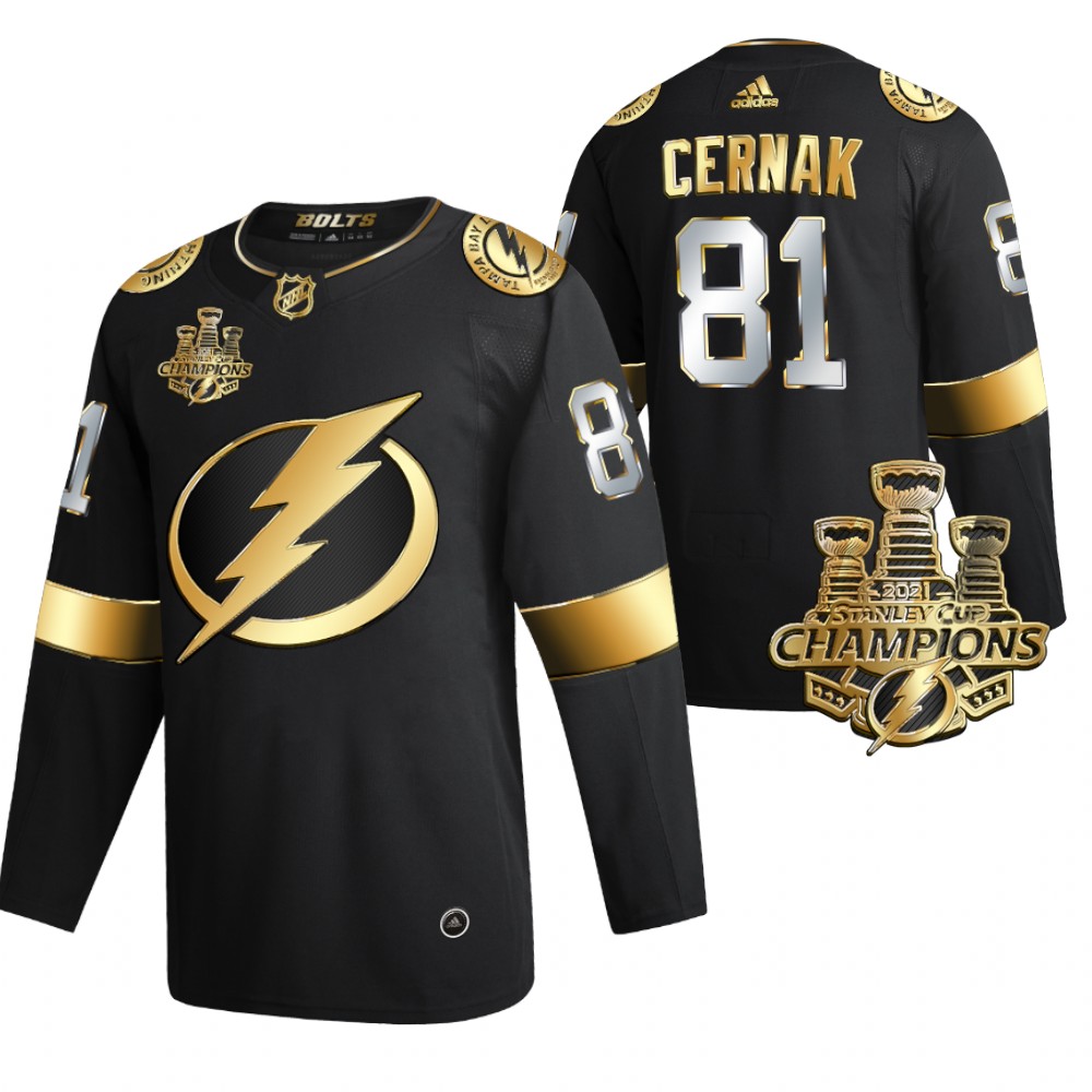 Lightning 3x Stanley Cup Champions Erik Cernak Black Golden Authentic Jersey