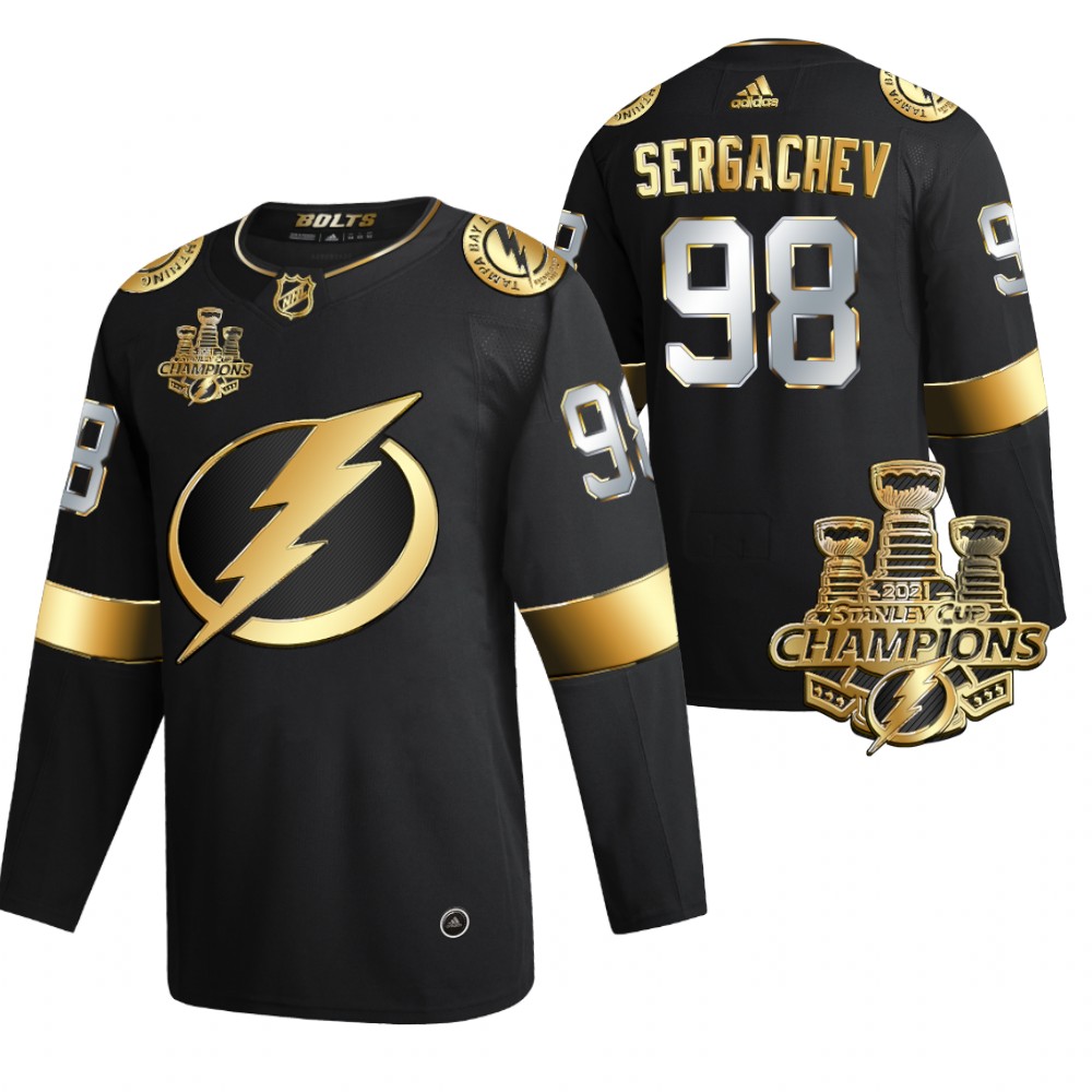 Lightning 3x Stanley Cup Champions Mikhail Sergachev Black Golden Authentic Jersey