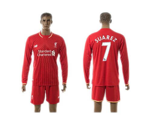 Liverpool #7 Suarez Red Home Long Sleeves Soccer Club Jersey