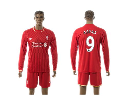 Liverpool #9 Aspas Red Home Long Sleeves Soccer Club Jersey