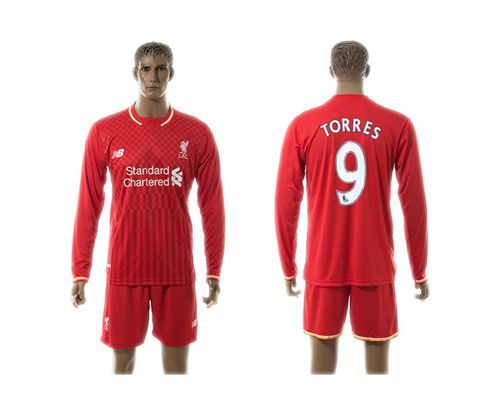 Liverpool #9 Torres Red Home Long Sleeves Soccer Club Jersey
