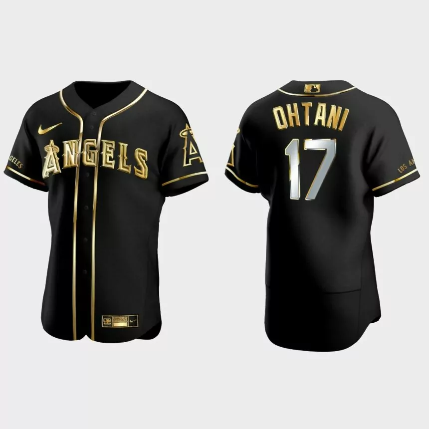 Los Angeles Angels #17 Shohei Ohtani Gold Edition Authentic Jersey – Black
