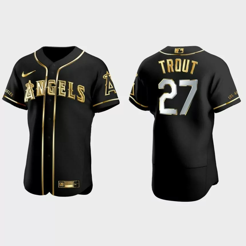 Los Angeles Angels #27 Mike Trout Gold Edition Authentic Jersey – Black