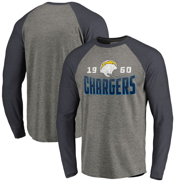 Los Angeles Chargers NFL Pro Line By Fanatics Branded Timeless Collection Antique Stack Long Sleeve Tri-Blend Raglan T-Shirt Ash