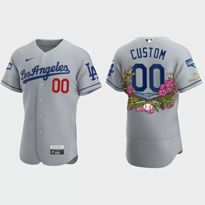 Los Angeles Dodgers #00 Custom 2020 World Series Champions Tommy Bahama Authentic Jersey – Gray